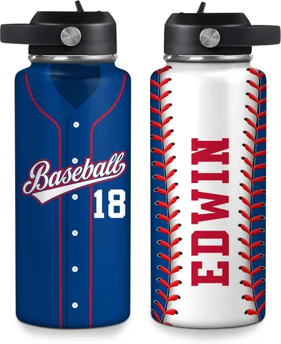 Vista 23 de Hyturtle Botella de agua de béisbol personalizada, botella de acero inoxidable aislada de viaje con tapa a prueba de fugas, 18 onzas, 32 onzas