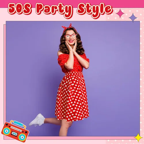 Vista 6 de Shinymoon 50s Costumes for women 1950s Vintage Outfits Polka Dot Skirt Dress Scarf Headband Sock Costume for Halloween Party