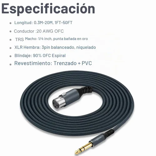 Vista 6 de Twozoh Cable corto XLR hembra a 1/4 TRS de 1 pie, trenzado conector estéreo de 0.250 in equilibrado a cable de micrófono XLR de 3 pines
