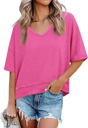 Vista 16 de Cicy Bell Camisetas de verano con cuello en V para mujer, casuales, de manga corta, holgadas, lindas camisetas básicas Caqui