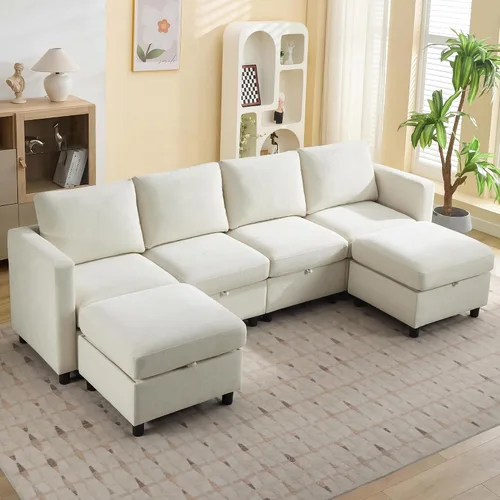 Vista 12 de WUTUTUEE Sofá seccional modular en forma de L de 83" con almacenamiento y otomano móvil, sofá convertible de 4 asientos reversible chaise de Beige