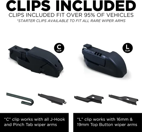 Vista 6 de Limpiaparabrisas originales de color negro para automóviles - Limpiaparabrisas de repuesto universal con clip - Todo tipo de clima - Juego