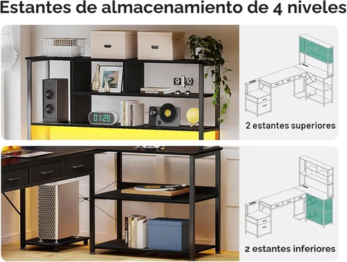 Vista 5 de AODK Escritorio en forma de L de 71 pulgadas con 5 cajones, luz LED y 2
