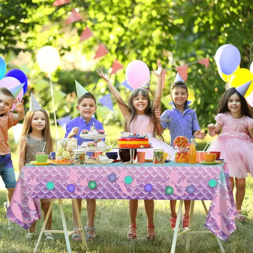 Vista 5 de 1 mantel de decoración de fiesta de cumpleaños de sirena, funda de mesa de plástico desechable para princesa bajo el mar, suministros de fiesta