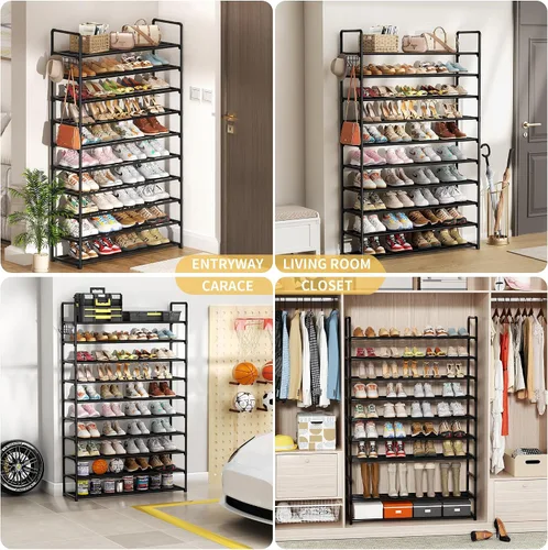 Vista 7 de Organizador de zapatos de 10 niveles, zapatero grande de metal con ganchos, se adapta a 40-50 pares, ideal para armario, entrada, garaje, dormitorio