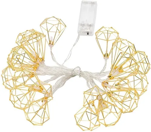 Vista 5 de Luces geométricas de metal, 3M 20 luces LED de hadas de diamantes alimentadas por pilas, luces geométricas de oro rosa para dormitorio, boda Diamond