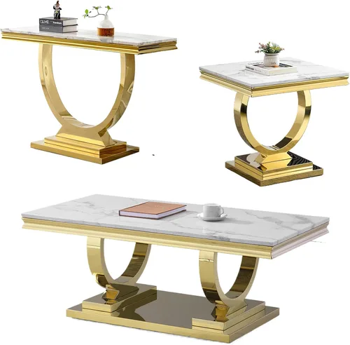 Vista 16 de Juego de 2 mesas de café de mármol, juego de mesa de sala de estar de 2 piezas que incluye 1 mesa auxiliar y 1 mesa auxiliar, moderna mesa de centro