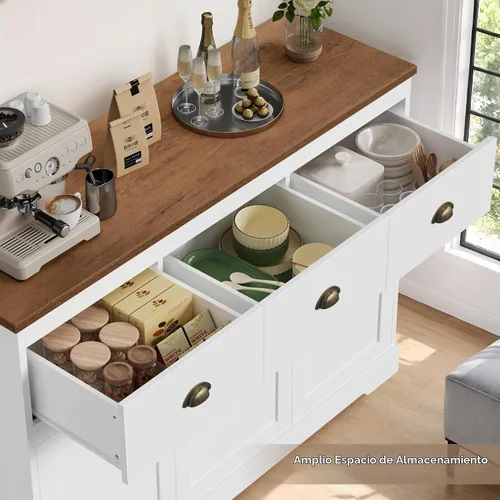 Vista 5 de Keyluv Armario de buffet blanco para almacenamiento, aparador de cocina, estilo granja, bufé, bar, gabinete de vino con 3 cajones y 3 puertas