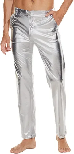 Vista 3 de Pantalones de discoteca metálicos brillantes para hombre, pantalones de cuero para fiesta de baile de estilo mojado, pantalones de cuero de los años
