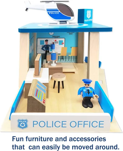 Vista 5 de Juego de juguete de estación de policía de madera, set de casa de muñecas de juego de simulación multicolor de 3 niveles con figuras, coche