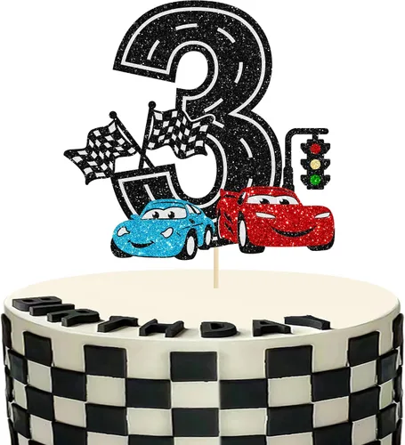 Vista 8 de Ephlyn 1 pieza de decoración para tarta de primer cumpleaños de coche de carreras con purpurina, decoración de tarta 1er cumpleaños para bandera a
