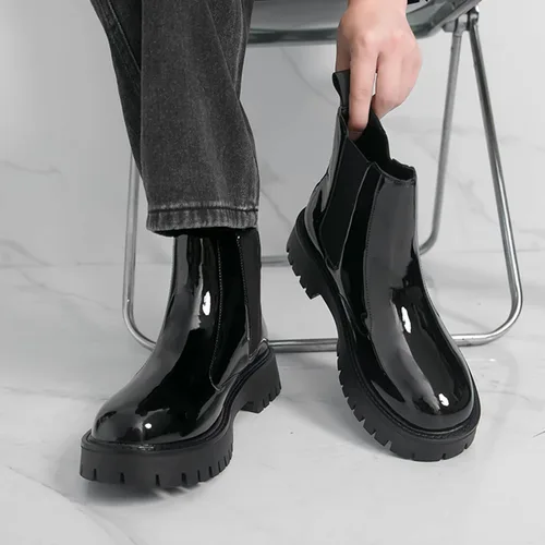 Vista 3 de Botas Chelsea con plataforma gruesa de charol para hombre, puntera redonda, suela de lengüeta, para negocios, para uso diario, al aire libre