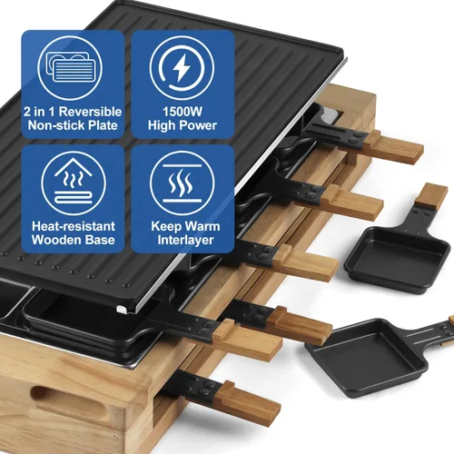 Vista 4 de CUSIMAX - Parrilla de mesa de raclette para interiores, parrilla eléctrica de 1500 W con placa antiadherente reversible 2 en 1/base de madera