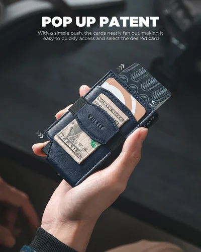 Vista 2 de VULKIT Billetera desplegable para tarjetas con correa de dinero, bolsillo frontal de cuero, con ventana de identificación, bloqueo RFID, funda