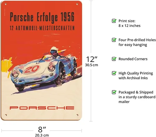 Vista 2 de Porsche Successes (Erfolge) 1956 – Doce Campeonatos de Automóviles – Póster de carreras de coches vintage – Cartel de arte de madera vintage de 8 x