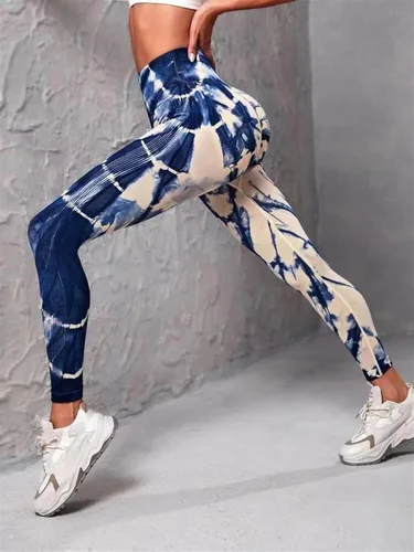 Vista 3 de Leggings sin costuras de teñido anudado para mujer, pantalones de gimnasio para entrenamiento, deportes, mallas de cintura alta para mujer