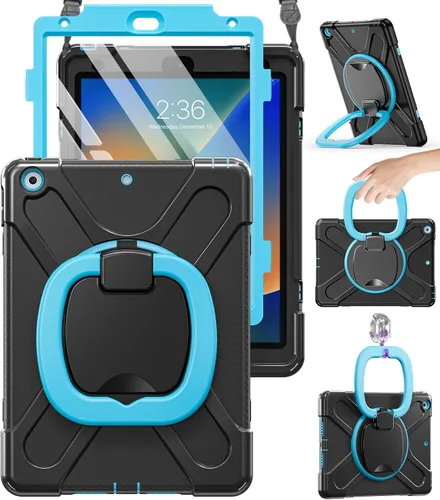 Vista 12 de BRAECN Funda para iPad de 9ª/8ª/7ª generación, resistente funda de silicona apta para niños con soporte plegable/asa para lápices, correa de hombro