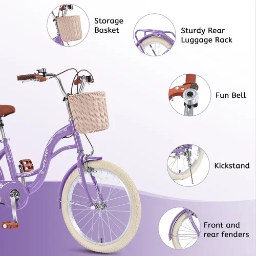 Vista 5 de 20 Inch Girls Bike Ages 8-12, 20 Inch Bike with Basket and Kickstand, Single Speed Girls Bikes Kids Bicycle with Front and Rear Brakes, Children