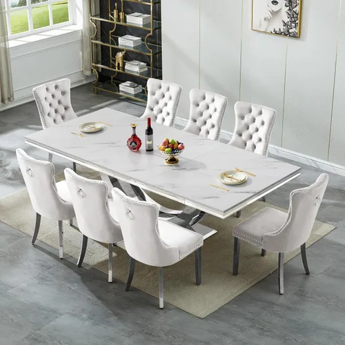 Vista 31 de SSLine Juego de mesa de comedor de mármol sintético blanco de 68 pulgadas