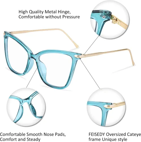 Vista 4 de FEISEDY Marco de gafas de ojo de gato de gran tamaño con lentes transparentes para mujer, B2460