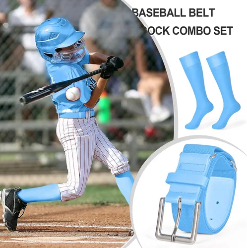 Vista 2 de XZQTIVE Conjunto combinado de calcetines de béisbol y softbol y cinturón de béisbol y sóftbol, calcetines de fútbol hasta la rodilla para niños