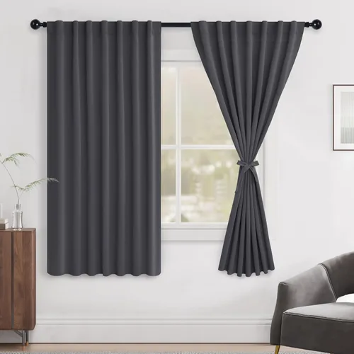 Vista 126 de Hiasan Cortinas opacas negras para dormitorio, cortinas opacas cortas de 45 pulgadas de largo, con aislamiento térmico, bolsillo para barra