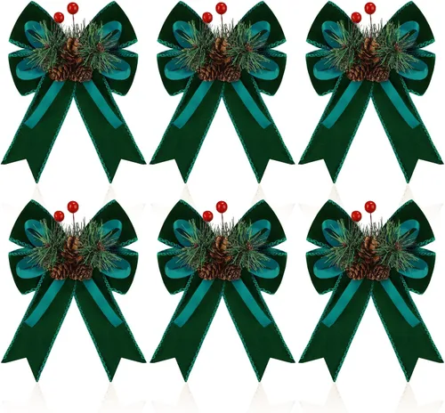 Vista 10 de Syhood - 6 lazos de Navidad a cuadros con piñas de pino, cintas de terciopelo negro, para corona de árbol de Navidad, decoración de fiestas