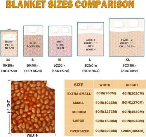 Vista 3 de Manta de frijoles horneados 3D para niñas, niños, suave y acogedora manta de vellón divertida para cama, sofá, sillas, para todas las estaciones
