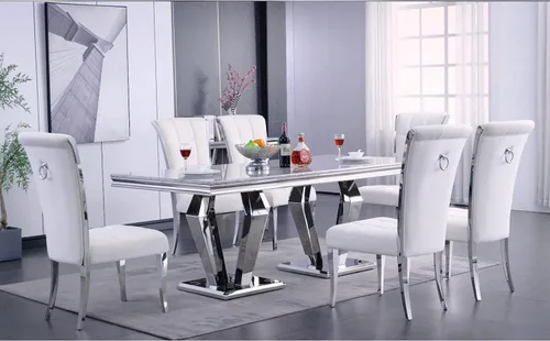 Vista 9 de ACEDÉCOR Juego de mesa de comedor blanca para 4, mesa de comedor de lujo blanca con sillas de comedor de terciopelo blanco de alta gama