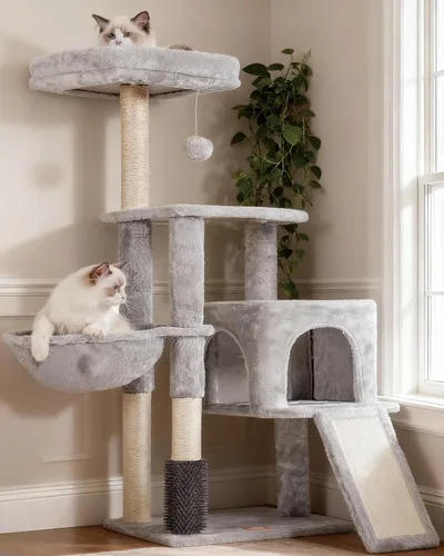 Vista 15 de Heybly - Árbol de gato con cepillo autolimpiante, torre de gato para interior con plataforma acolchada de felpa, casa de gato con cesta, poste