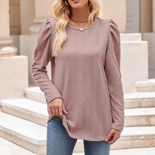 Vista 4 de Camiseta de manga larga jacquard de punto de color sólido para otoño e invierno para mujer, cuello en V, tops de verano para mujer Plus
