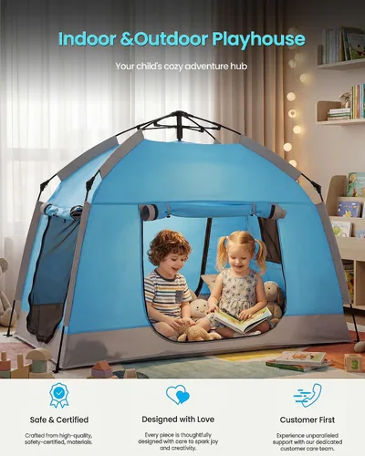 Vista 7 de Casa de juegos para niños fácil de instalar con bonita tira de luces LED y 3 aberturas grandes, carpa de juego portátil para niños y habitación