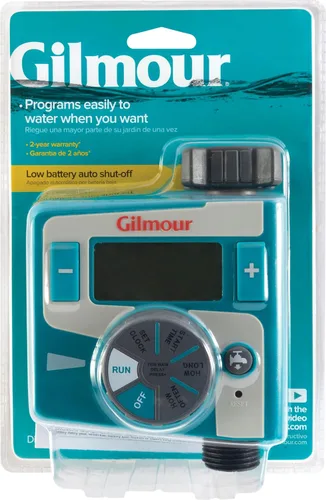 Vista 2 de Gilmour Temporizador electrónico de agua de salida única para manguera de jardín, temporizador de riego para rociadores y líneas de goteo, azul