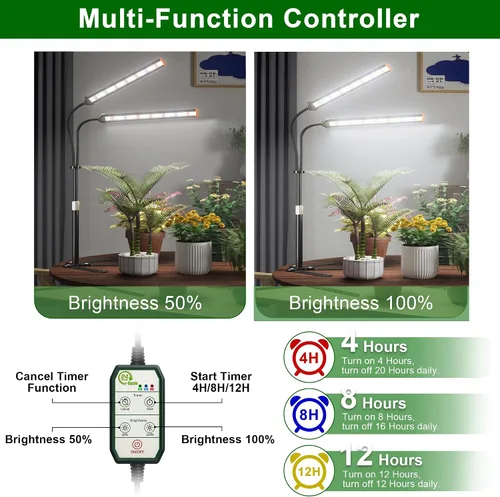 Vista 3 de Lámpara para cultivo de plantas con soporte ajustable de 15 a 47 pulgadas, lámpara de cultivo de plantas de tres cabezales con bombillas LED rojas