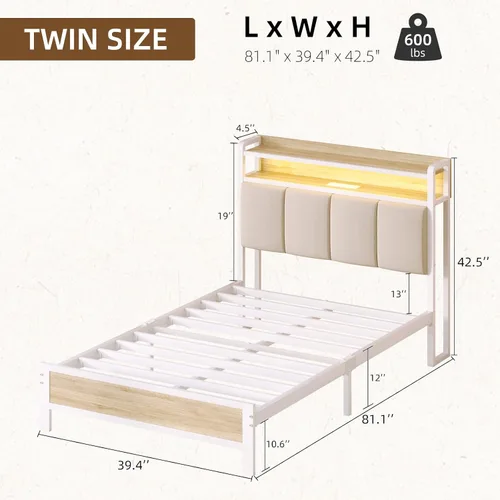 Vista 2 de IMMERSTABLE Base de cama individual con luces LED y estación de carga, cabecera de almacenamiento tapizada, plataforma de metal con listones