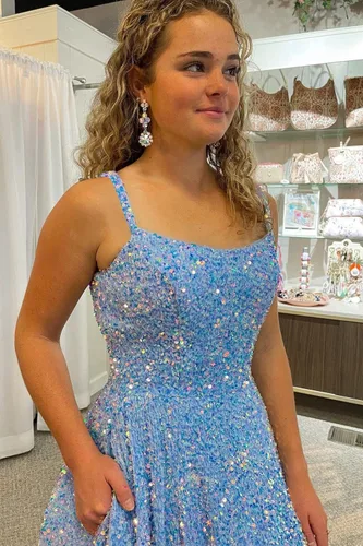 Vista 5 de Raseal Una línea de cuello cuadrado lentejuelas vestido de fiesta brillante correas espagueti vestidos largos con bolsillos RS025