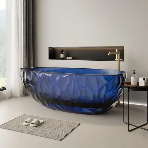 Vista 14 de Bañera independiente transparente de 67 pulgadas – Bañera de superficie sólida de diseño con textura ondulada, bañera de remojo extra profunda