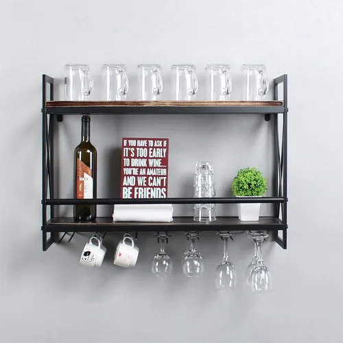 Vista 17 de MBQQ Estantes de vino rústicos montados en la pared con soporte para vidrio de 6 vástagos, estante de vino industrial de metal de 23.6 pulgadas