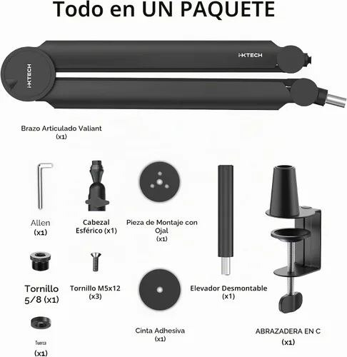 Vista 9 de Brazo de micrófono premium con soporte de escritorio, giratorio de 360°, totalmente ajustable, para podcast, video, juegos, radio, estudio