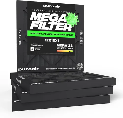 Vista 22 de PuroAir Filtro Mega - Filtro de aire de 12x12x1 MERV 13 para el hogar con carbón activado - Filtros alérgenos, caspa de mascotas, humo, polvo