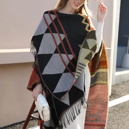 Vista 5 de Chal para mujer, bufanda de pashmina, capa cálida para invierno, poncho abierto al frente para primavera y otoño Cuadros - Negro-naranja