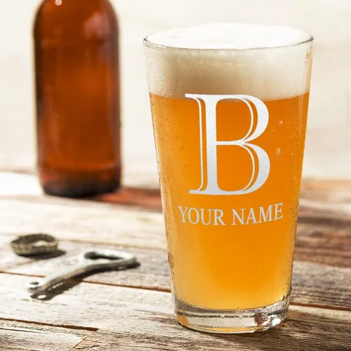 Vista 3 de Vasos personalizados con monograma, letra inicial B, vaso de cerveza grabado, 16 onzas, pintas grabadas, regalos de cumpleaños únicos para mujeres
