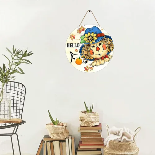 Vista 6 de Letrero de espantapájaros con texto en inglés "Hello Fall Scarecrow para decoración de puerta delantera, cosecha de otoño, hoja de arce para colgar