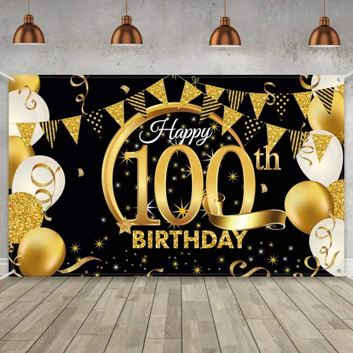 Vista 15 de Decoración de fiesta de cumpleaños número 15, cartel póster de tela extra grande negro y dorado para telón de fondo de cabina de fotos