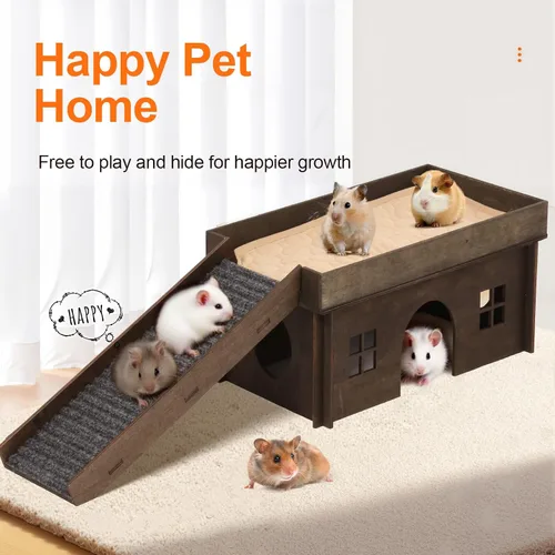 Vista 7 de Casa Grande para Conejos con Escalera, Castillo de Madera para Conejos Escondite de Conejos, Cabaña Escondite para Chinchillas y Conejillos
