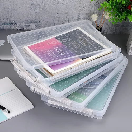 Vista 2 de BTSKY Paquete de 4 cajas de almacenamiento apilables de plástico transparente A4 Plus, contenedor de papel para revistas, con hebilla, accesorios