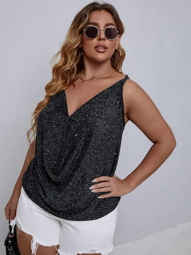 Vista 5 de Floerns Camiseta sin mangas con cuello drapeado con purpurina para mujer, talla grande