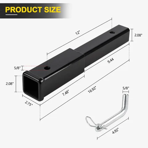 Vista 2 de CPROSP Extensión de enganche de 12 pulgadas, se adapta a barra de remolque de tubo receptor de 2 pulgadas, vástago de acero resistente de 6000 11.8