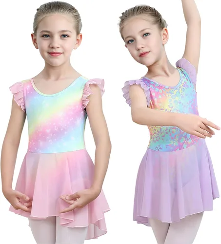 Vista 6 de iLover Vestido de leotardo clásico con tutú y mangas con volantes para niñas, para danza, gimnasia y ballet Negro
