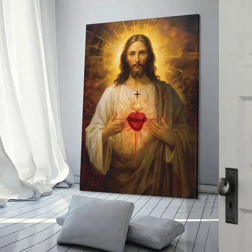 Vista 9 de Reccmeny Lienzo religioso del Sagrado Corazón de Jesús, cuadro de Cristo, arte de pared, pintura de Dios cristiano, foto para decoración de la sala